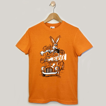 Obrázek Tričko RETRO Čtyřlístek v autě oranžové (unisex) - oboustranný potisk